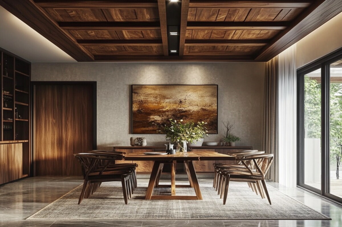 Farmhouse Single-Layered Wooden Rectangular Ceiling Design