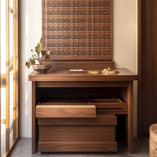 Modern Floor-Mounted Pooja Unit Design with Sanskrit Inscriptions