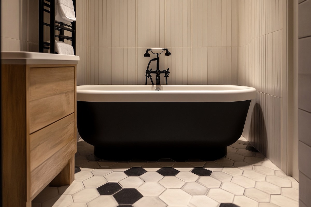 Modern Bathroom Design With Hexagonal Floor Tiles