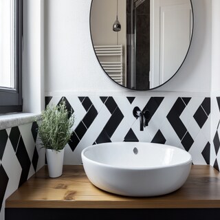 Modern Bathroom Design with Black and White Tiles and Round Mirror