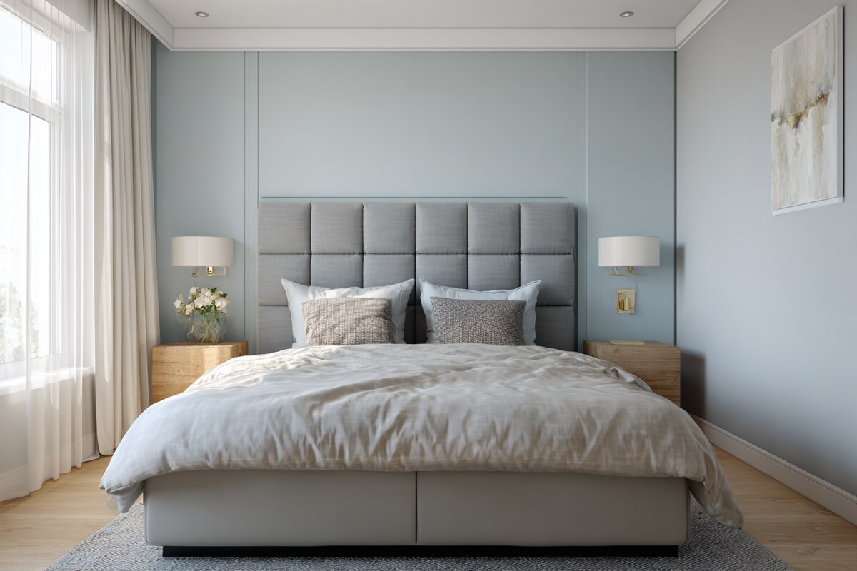 Airy Blue and Grey Wall Colour Combination for Bedroom with Upholstered Headboard and Side Lamps Airy Blue and Grey Wall Colour Combination for Bedroom with Upholstered Headboard and Side Lamps