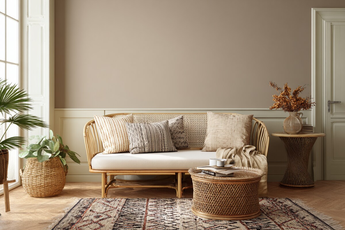 Airy Brown and Cream Wall Colour Combination for Living Room with Cane Sofa and Patterned Rug Airy Brown and Cream Wall Colour Combination for Living Room with Cane Sofa and Patterned Rug