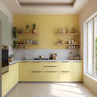 Airy Yellow and Cream Wall Colour Combination for Kitchen with Open Shelves and Modular Drawers