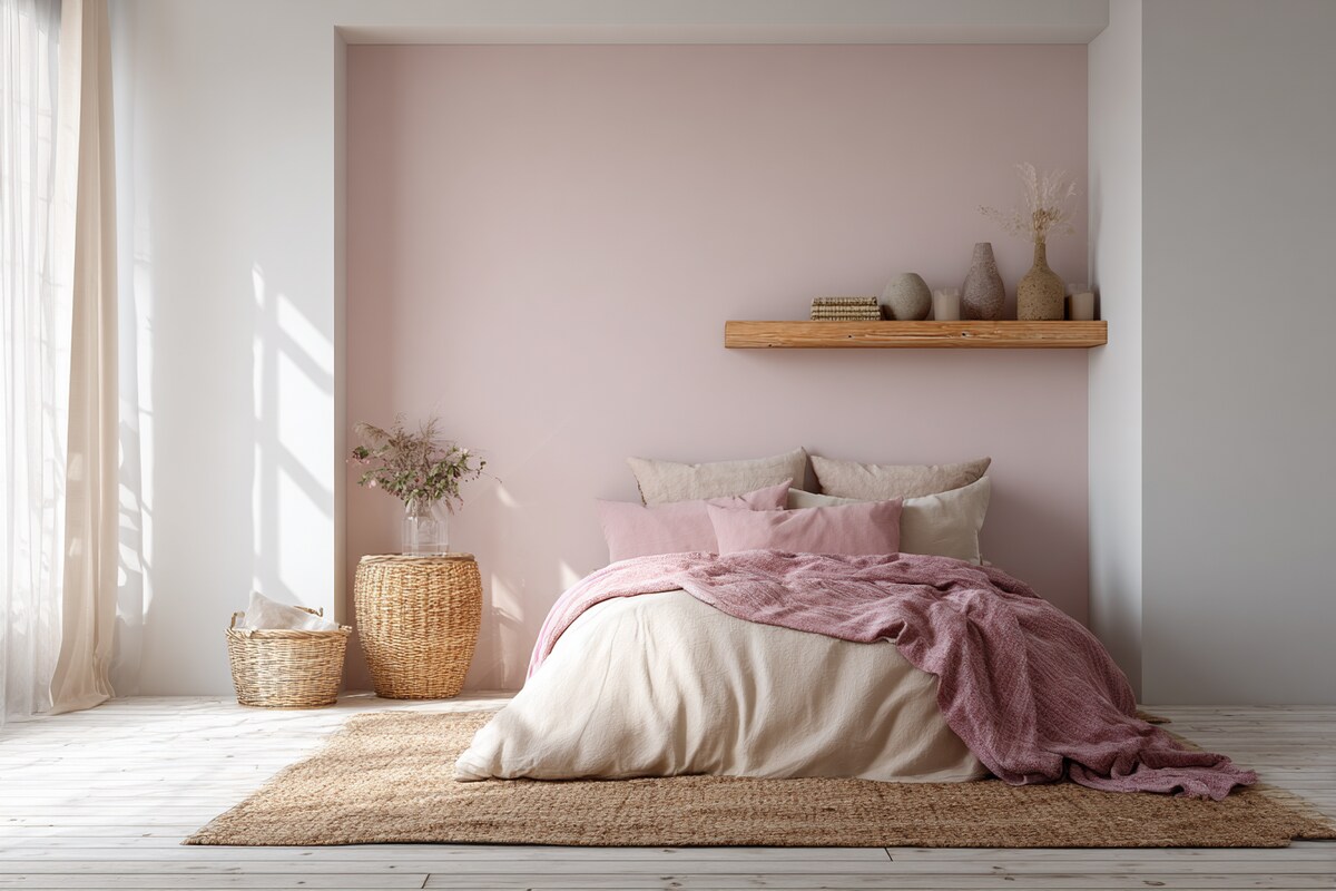 Artistic Light Pink and White Wall Colour Combination for Bedroom with Wooden Shelf and Minimal Rug