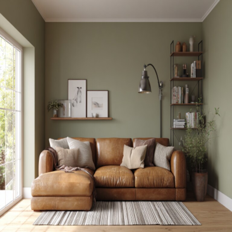 Artistic Olive and Beige Wall Colour Combination for Living Room with Leather Sectional and Metal Shelf Artistic Olive and Beige Wall Colour Combination for Living Room with Leather Sectional and Metal Shelf