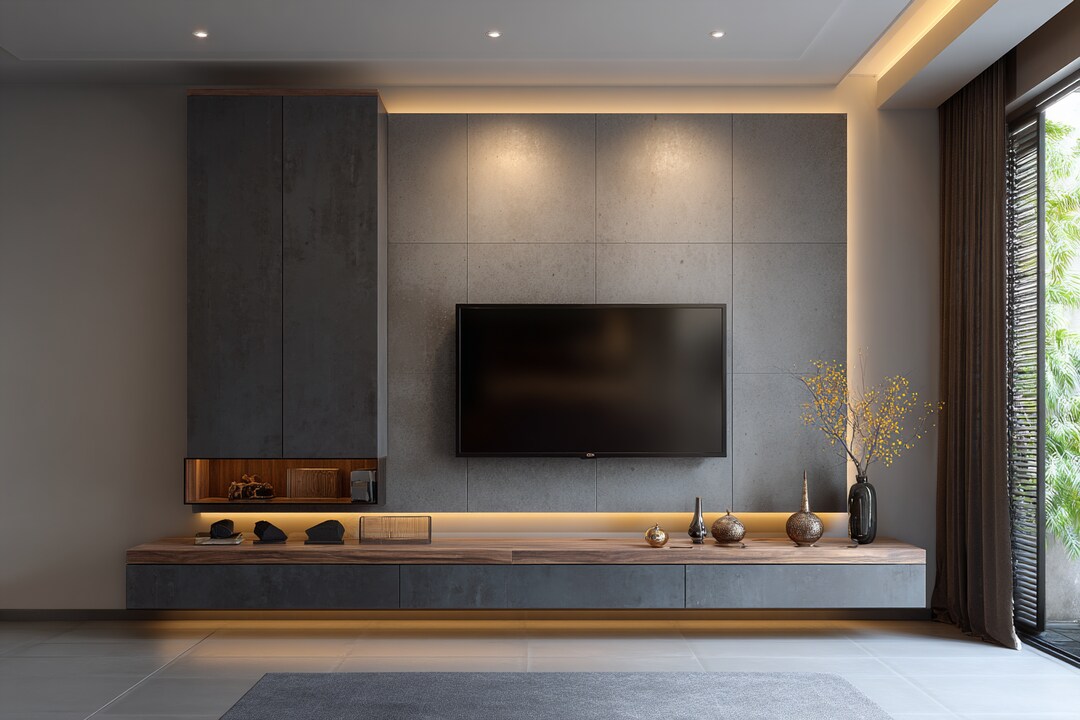 Backlit Grey Contemporary TV Unit Design With Sleek Floating Storage