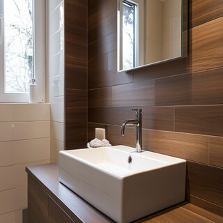 Bathroom Design with Contemporary Wooden Brown Tiles and Square Mirror