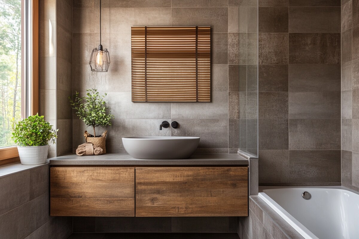 Bathroom Design with Rustic Grey Tiles and Suede Finish Vanity Bathroom Design with Rustic Grey Tiles and Suede Finish Vanity