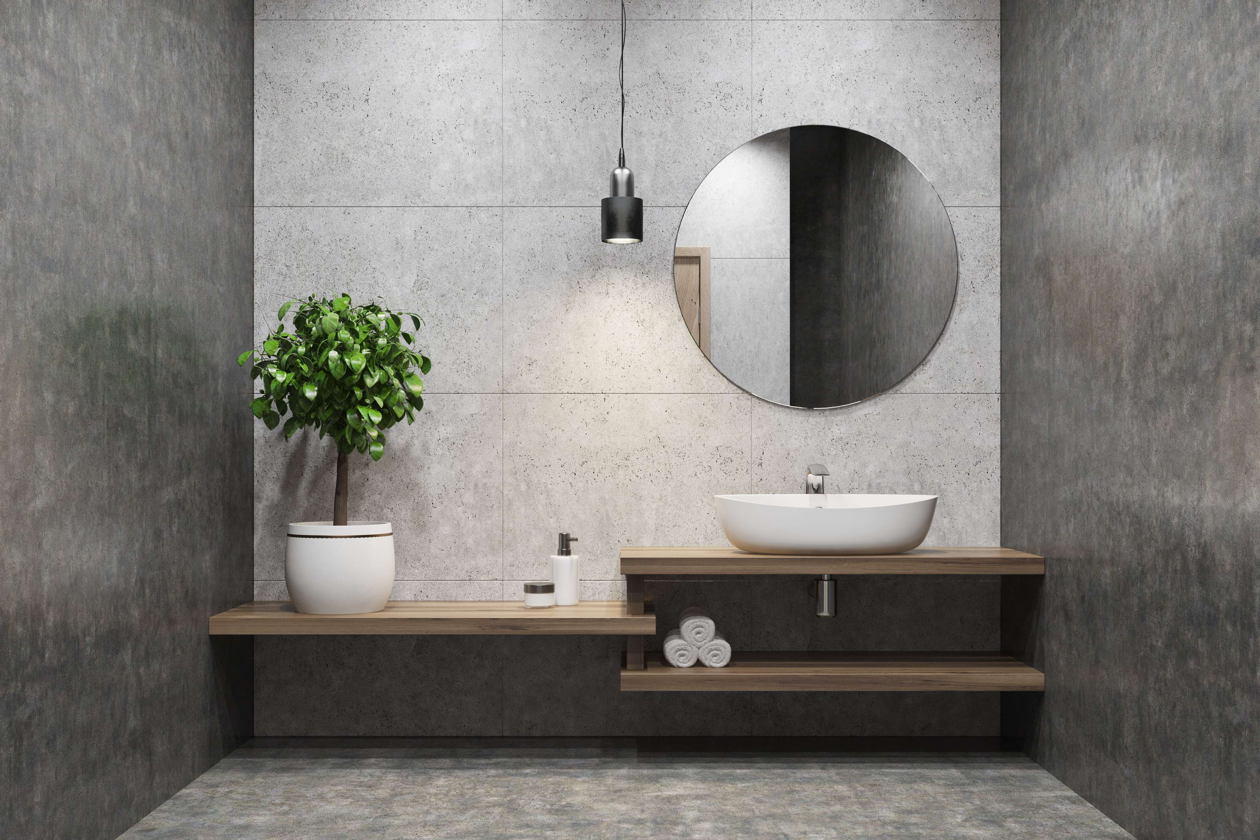 Minimalistic Grey Bathroom Design with Corner Washbasin