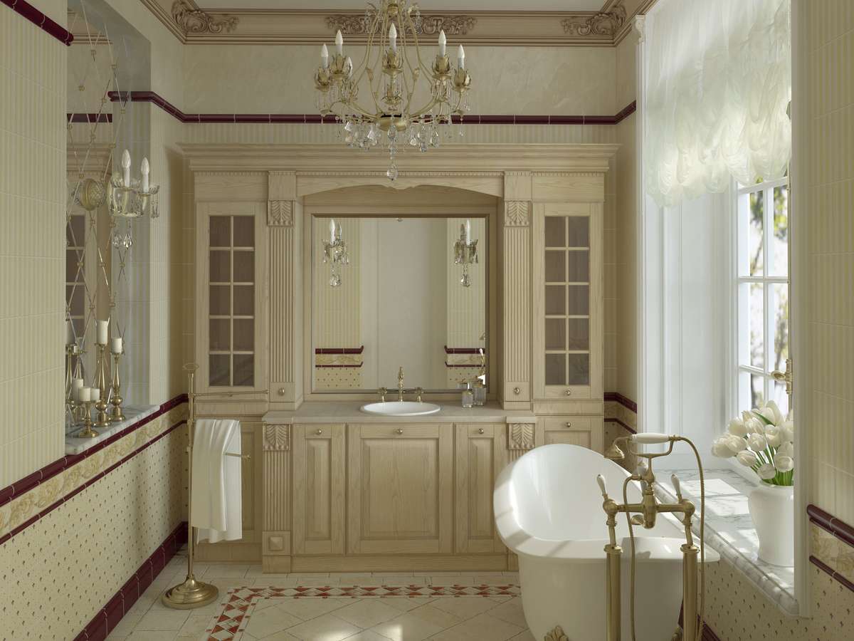 Traditional Bathroom Design with Wooden Vanity
