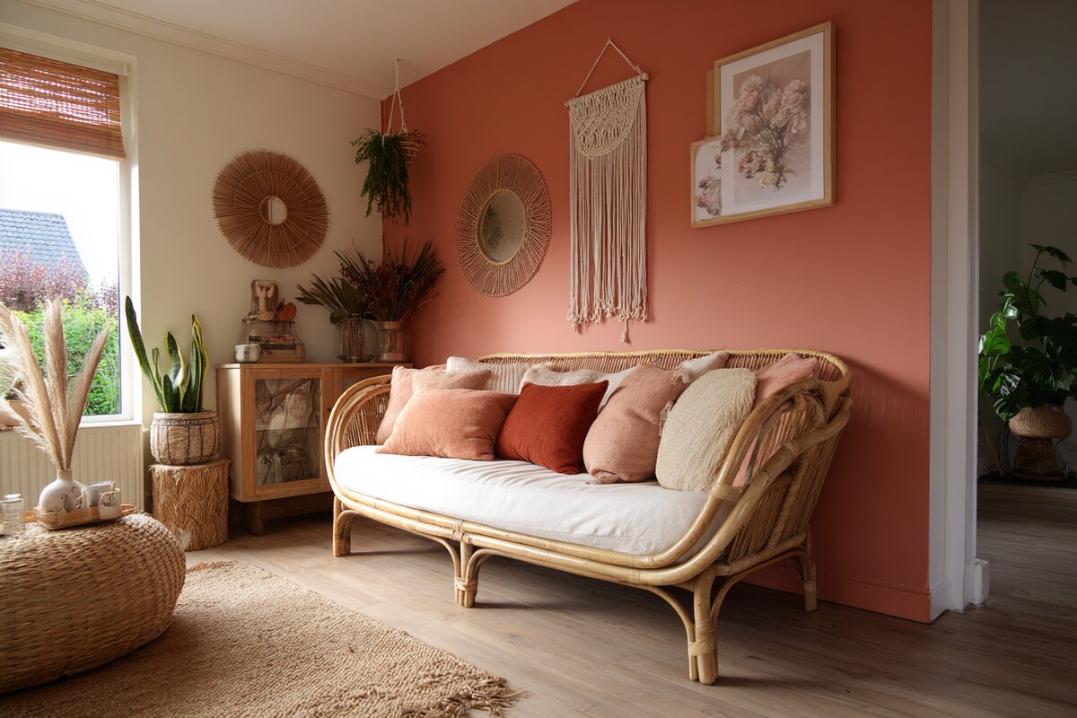 Beautiful Coral and Cream Wall Colour Combination for Living Room with Rattan Sofa and Macrame Wall Art