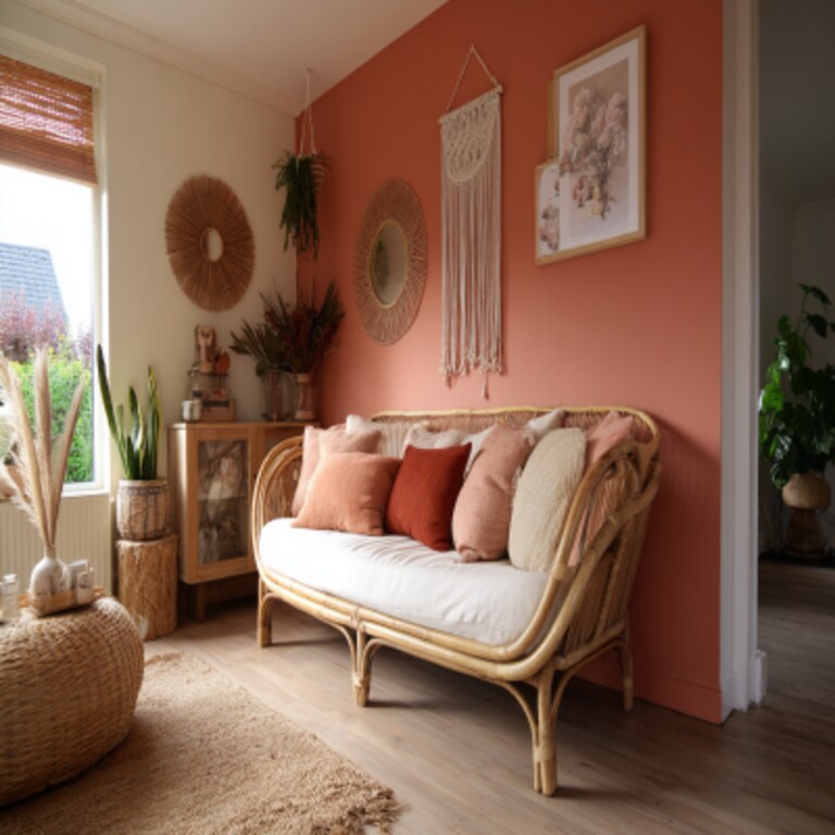 Beautiful Coral and Cream Wall Colour Combination for Living Room with Rattan Sofa and Macrame Wall Art Beautiful Coral and Cream Wall Colour Combination for Living Room with Rattan Sofa and Macrame Wall Art