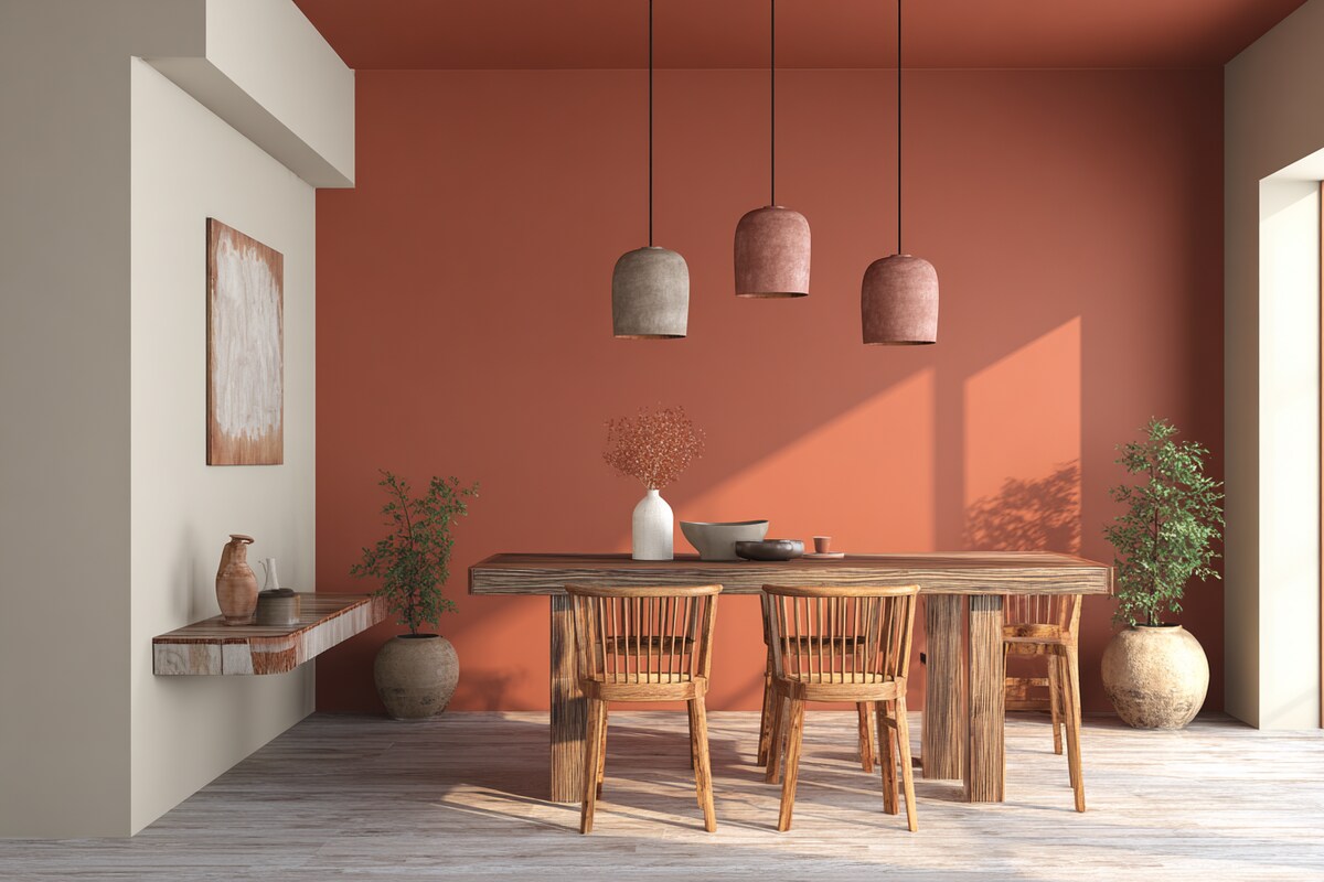 Beautiful Terracotta and Cream Wall Colour Combination for Dining Room with Wooden Table and Pendant Lights Beautiful Terracotta and Cream Wall Colour Combination for Dining Room with Wooden Table and Pendant Lights