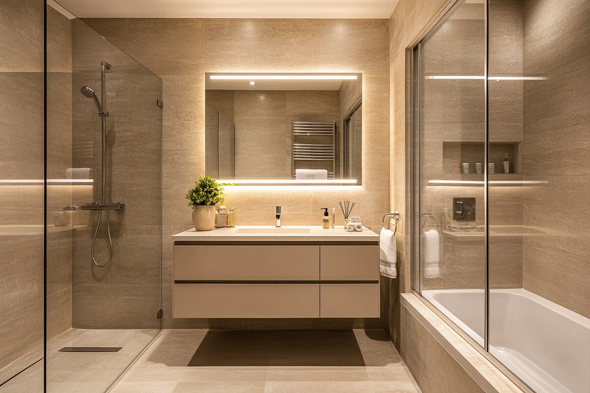 Beige Modern Bathroom Design with LED Vanity Lighting and Glass Partition Beige Modern Bathroom Design with LED Vanity Lighting and Glass Partition