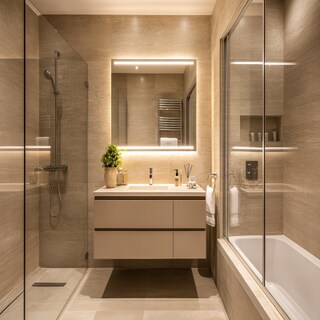 Beige Modern Bathroom Design with LED Vanity Lighting and Glass Partition