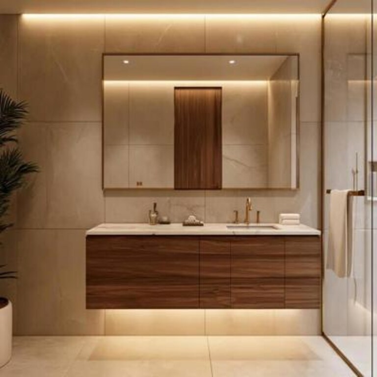 Beige Tiled Modern Bathroom Design with Quartz Countertop and Floating Wooden Vanity Beige Tiled Modern Bathroom Design with Quartz Countertop and Floating Wooden Vanity