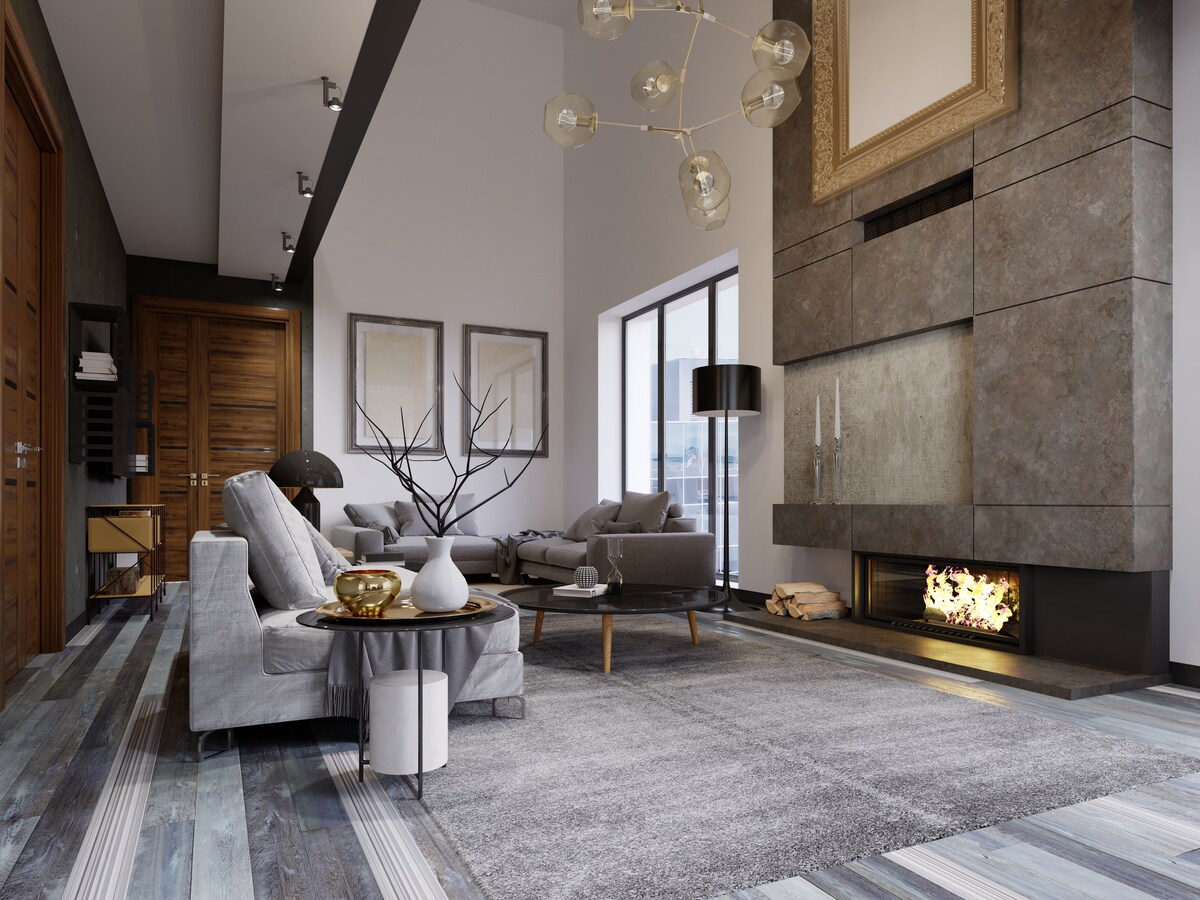 Industrial Living Room Design With Modern Blown Glass Chandelier