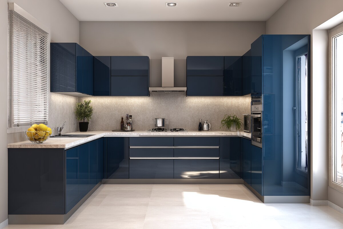 Blue Classic L-Shaped Kitchen Design with Glossy Acrylic Finish Blue Classic L-Shaped Kitchen Design with Glossy Acrylic Finish