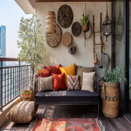 Bohemian Balcony Design with Wicker Furniture and Cane Lighting
