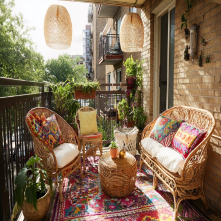 Bohemian Balcony Design with Wicker Furniture and Cane Lighting