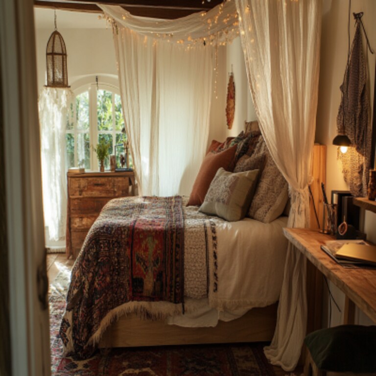 Bohemian Master Bedroom Design with Canopy Bed and Small Workspace