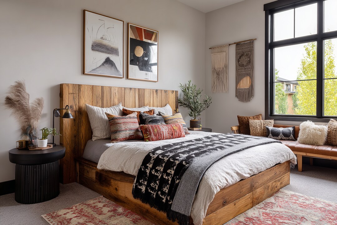 Bohemian Master Bedroom Design with Wooden Accents and Art