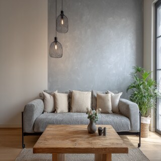 Bold Beige and Grey Wall Colour Combination for Living Room with Iron Frame Sofa and Pendant Lighting