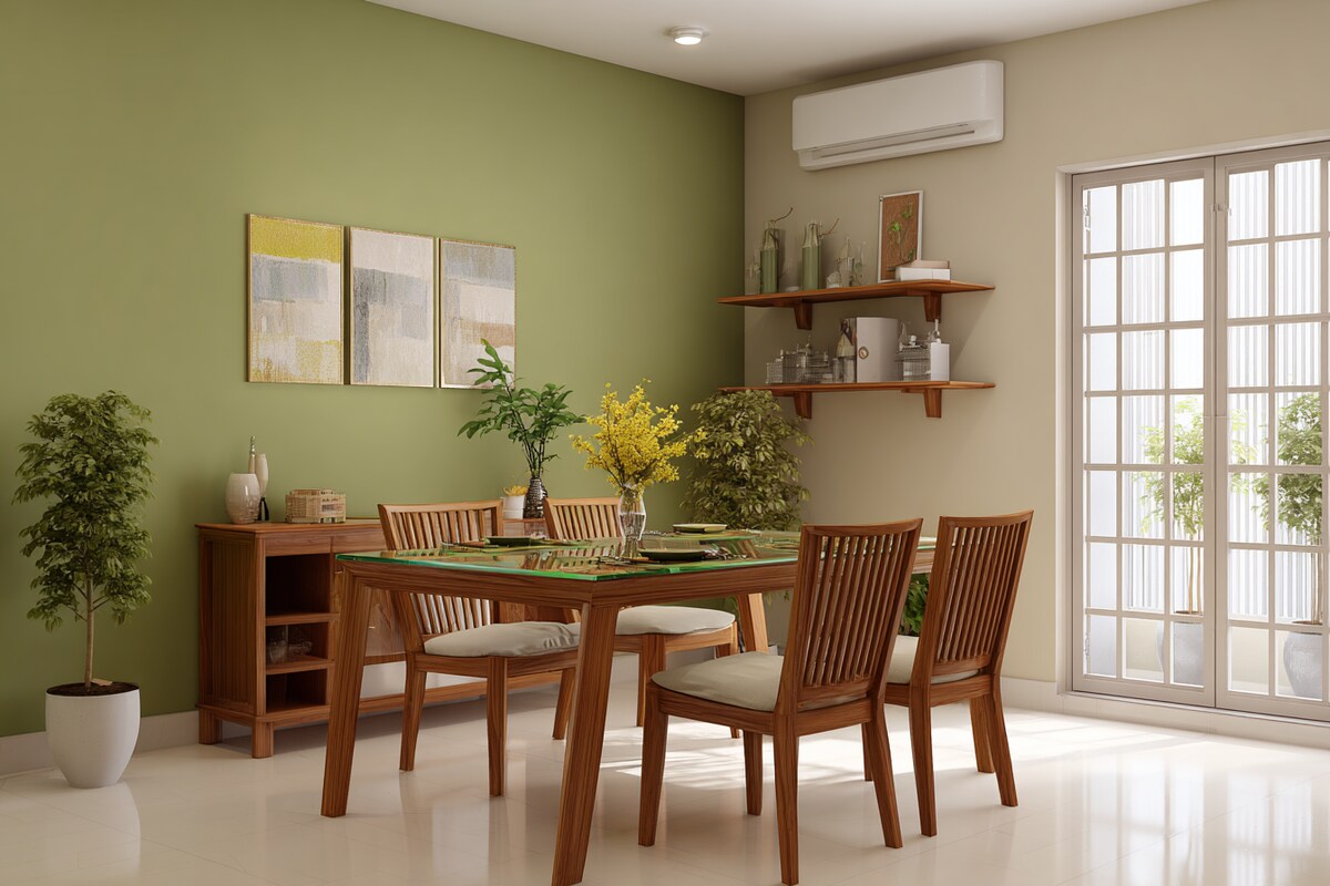 Bold Beige and Olive Green Wall Colour Combination for Dining Room with Glass Table and Wooden Chairs Bold Beige and Olive Green Wall Colour Combination for Dining Room with Glass Table and Wooden Chairs