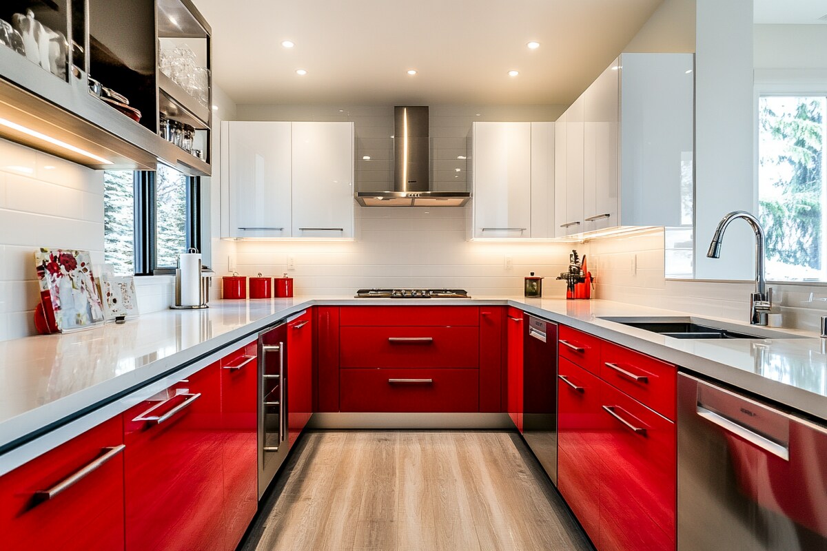 Bold Red and White Contemporary U-Shaped Kitchen Design Bold Red and White Contemporary U-Shaped Kitchen Design