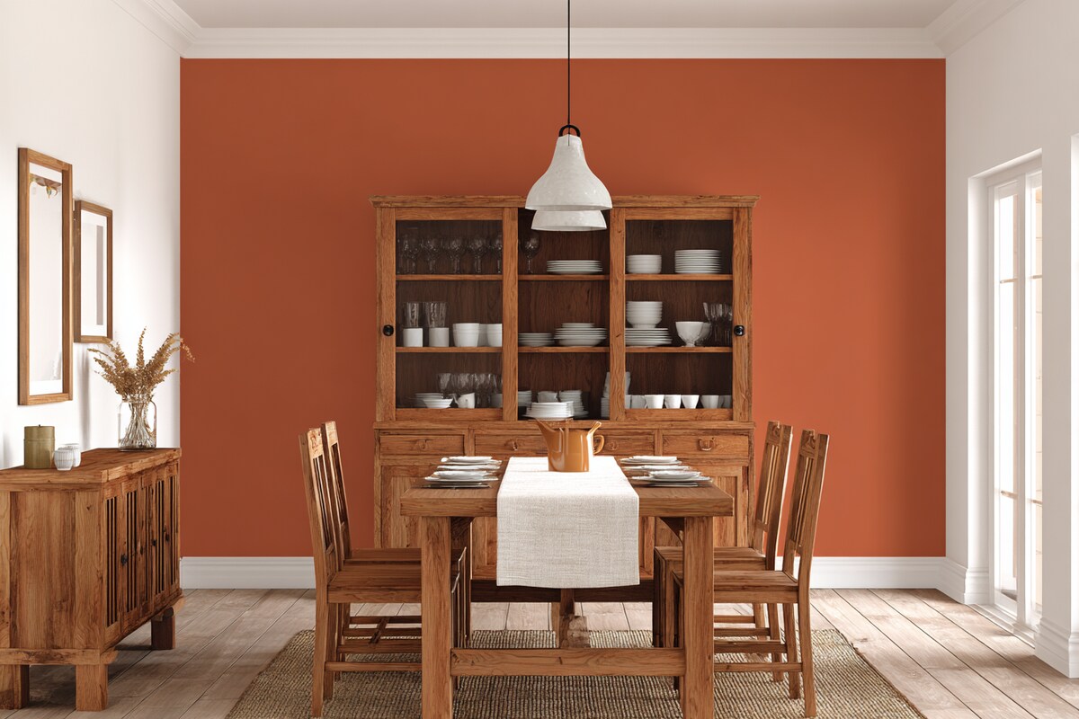 Bold Terracotta and White Wall Colour Combination for Dining Room with Wooden Hutch and Woven Runner Bold Terracotta and White Wall Colour Combination for Dining Room with Wooden Hutch and Woven Runner