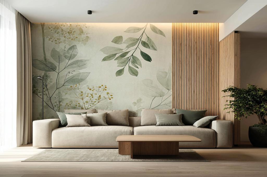 Botanical Mural Wall Paint Design With Warm Vertical Panel Detailing