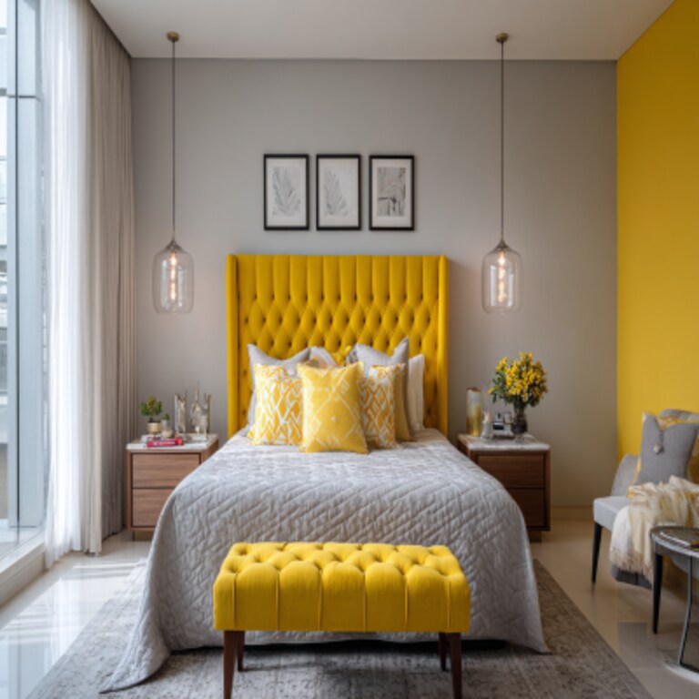 Bright Grey and Yellow Wall Colour Combination for Bedroom with Upholstered Headboard and Glass Lamps Bright Grey and Yellow Wall Colour Combination for Bedroom with Upholstered Headboard and Glass Lamps