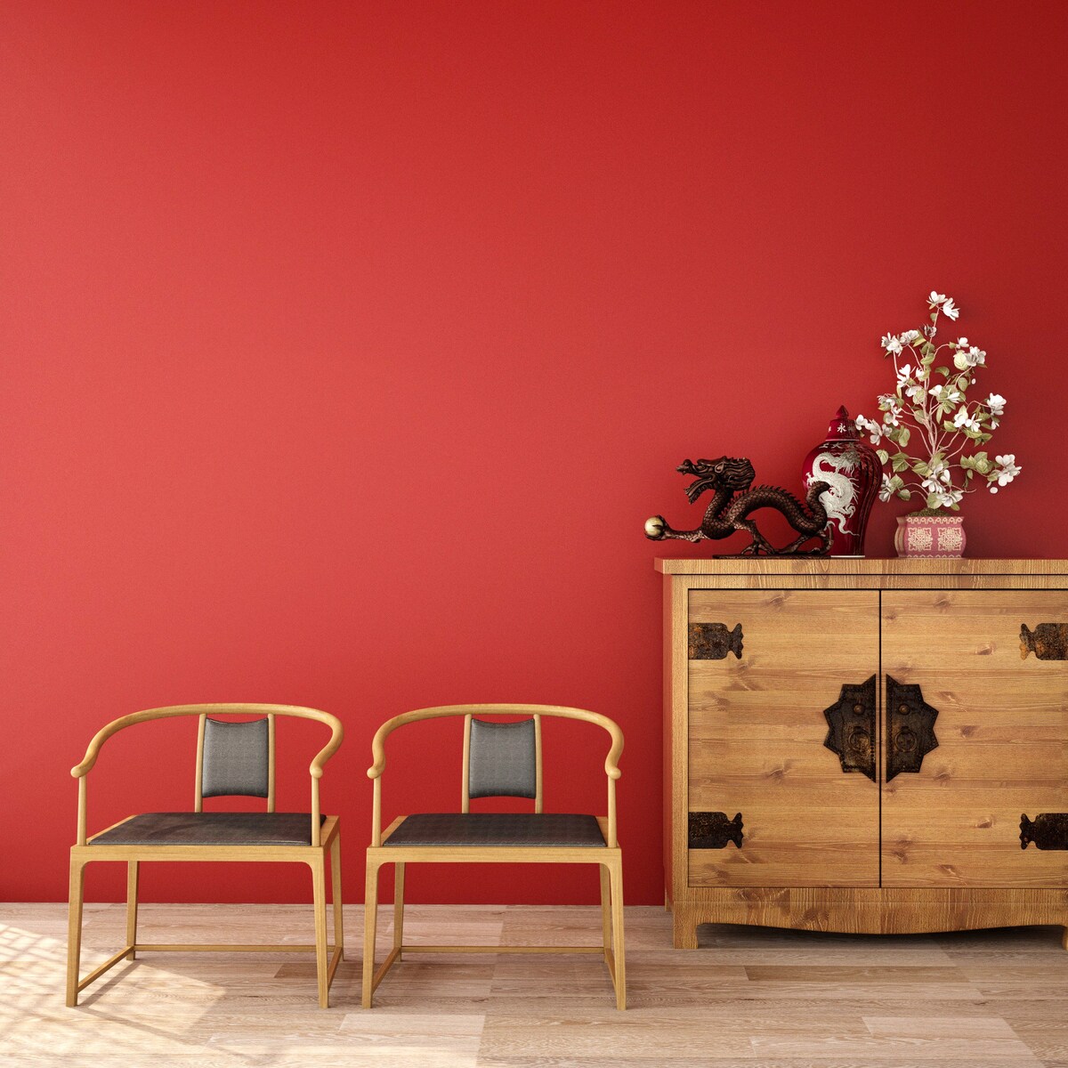 Bold Red Living Room Design With A Wooden Cabinet And Vogue Furniture
