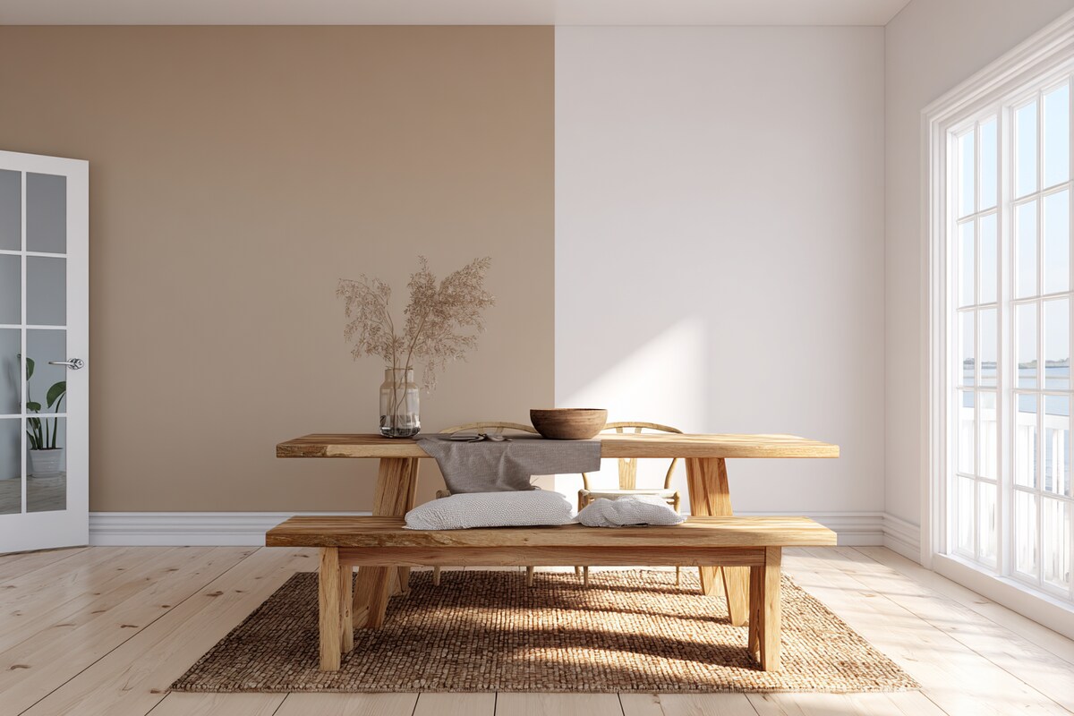 Bright White and Beige Wall Colour Combination for Dining Room with Wooden Bench and Woven Table Runner
