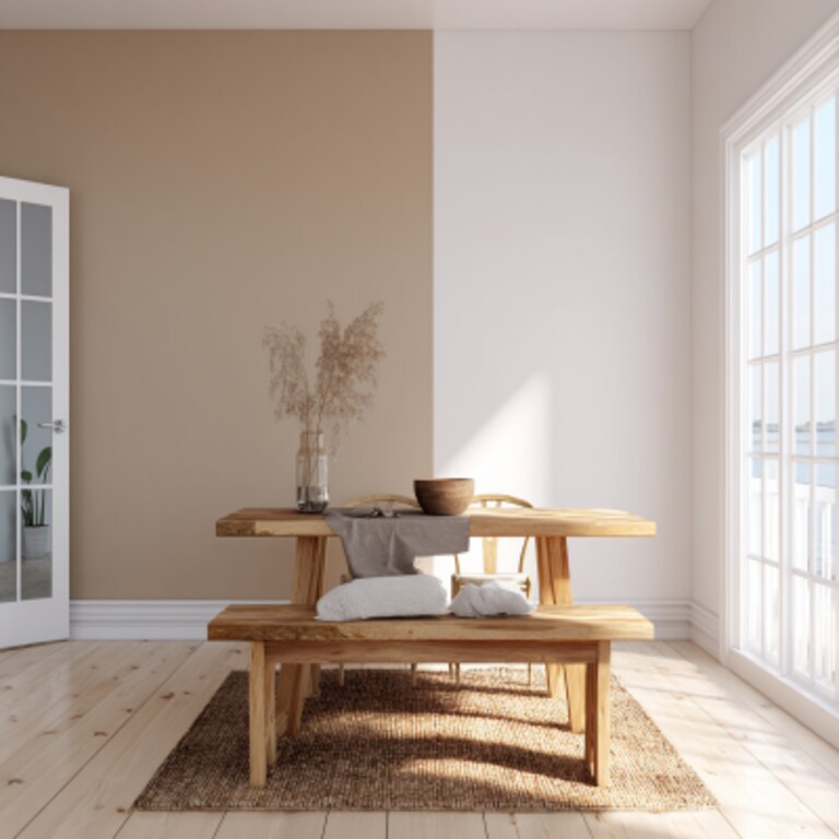 Bright White and Beige Wall Colour Combination for Dining Room with Wooden Bench and Woven Table Runner Bright White and Beige Wall Colour Combination for Dining Room with Wooden Bench and Woven Table Runner