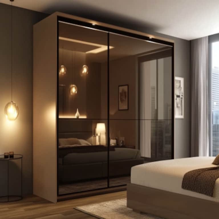 Brown Tinted Glass Modern 2-Door Sliding Wardrobe Design with Mirror
