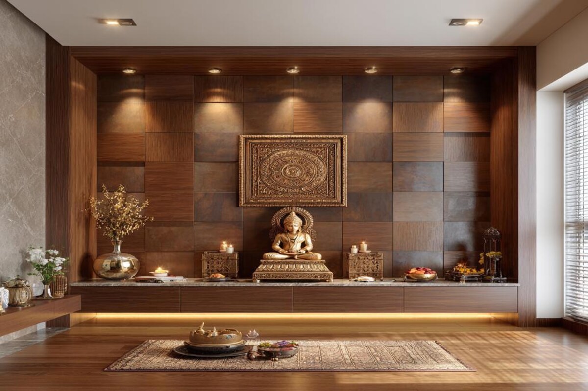 Brown Wooden Wall Panels Wall Design for Pooja Room