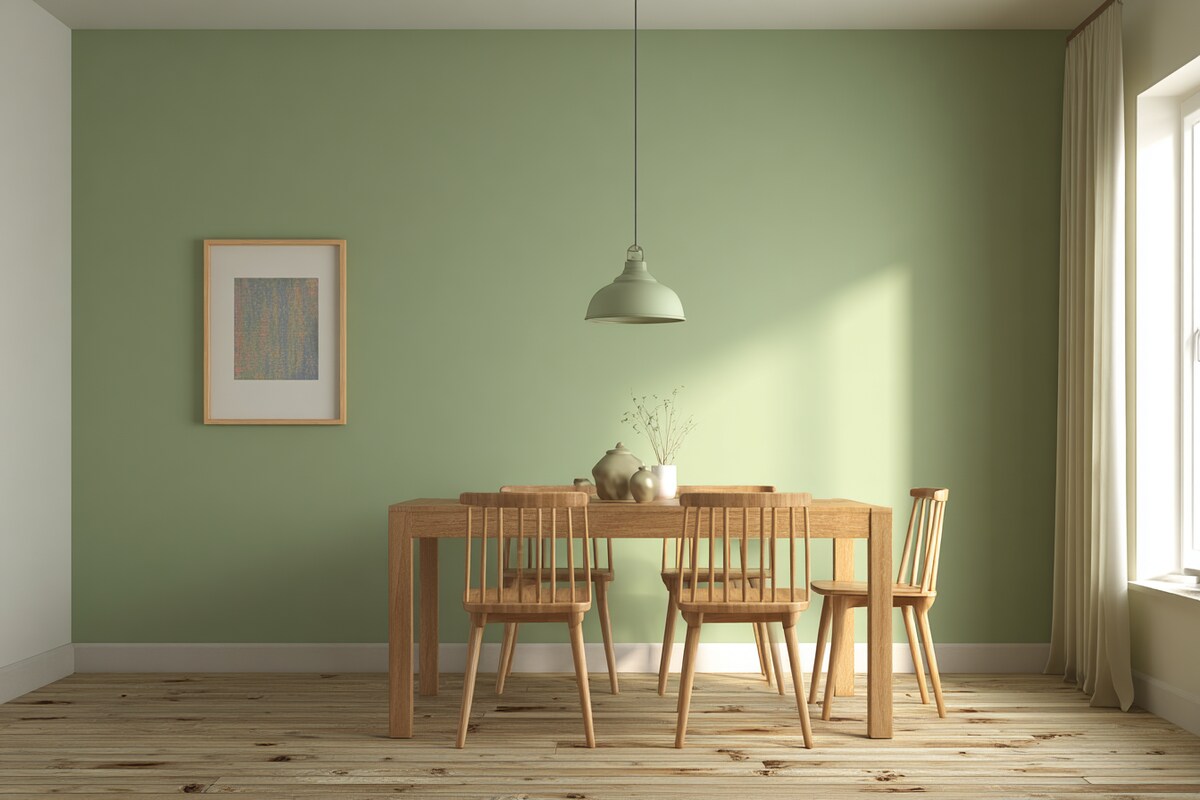 Calm Green and Cream Wall Colour Combination for Dining Room with Wooden Chairs and Pendant Lighting Calm Green and Cream Wall Colour Combination for Dining Room with Wooden Chairs and Pendant Lighting