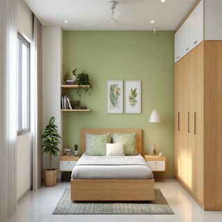 Calm Green and White Wall Colour Combination for Bedroom with Floating Bedside Shelf and Wooden Wardrobe