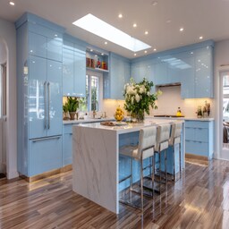 Modern U-Shaped Kitchen Design with Glass Cabinets and Quartz Counter