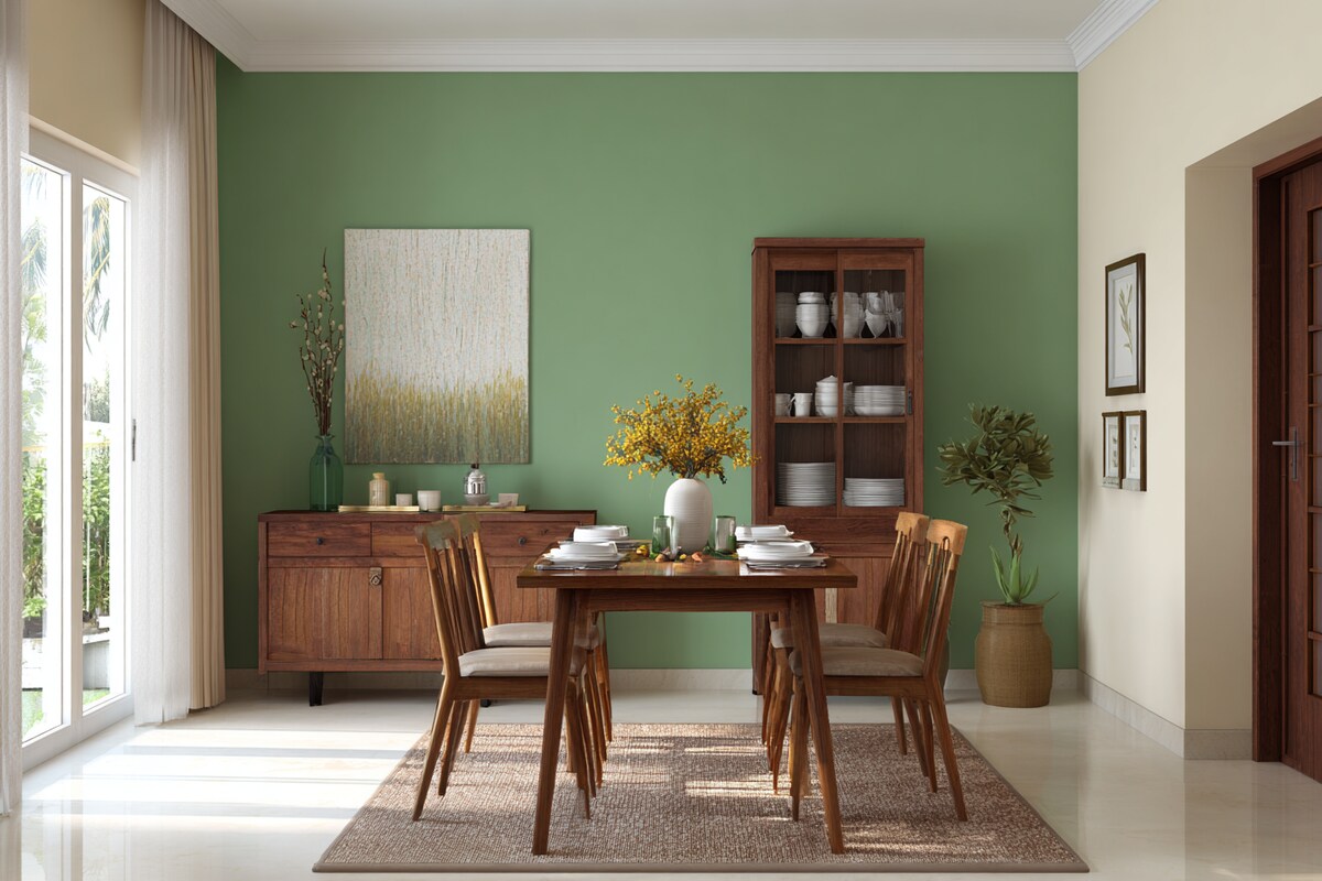Cheerful Green and Beige Wall Colour Combination for Dining Room with Wooden Table and Vintage Crockery Unit Cheerful Green and Beige Wall Colour Combination for Dining Room with Wooden Table and Vintage Crockery Unit
