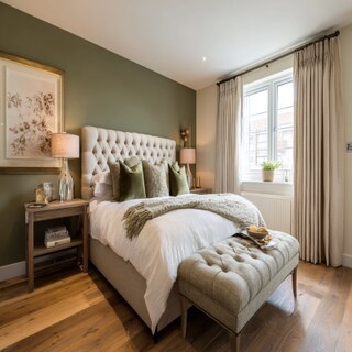 Cheerful Olive and Cream Wall Colour Combination for Bedroom with Tufted Bed and Glass Lamps