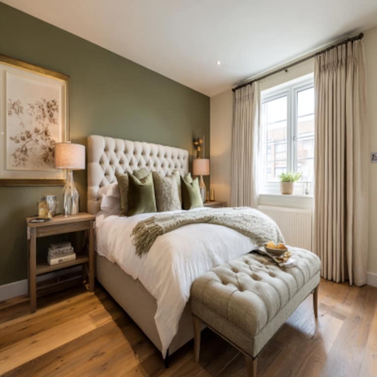Cheerful Olive and Cream Wall Colour Combination for Bedroom with Tufted Bed and Glass Lamps