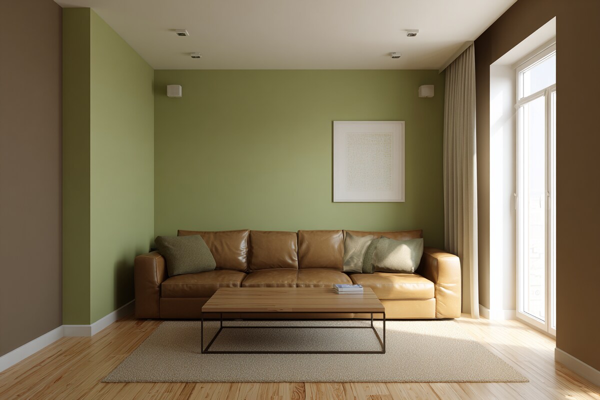 Cheerful Olive Green and Brown Wall Colour Combination for Living Room with Leather Sofa and Metal Coffee Table Cheerful Olive Green and Brown Wall Colour Combination for Living Room with Leather Sofa and Metal Coffee Table