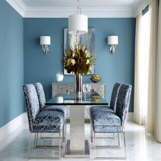 Chic Blue and Silver Wall Colour Combination for Dining Room with Glass Table and Designer Chairs