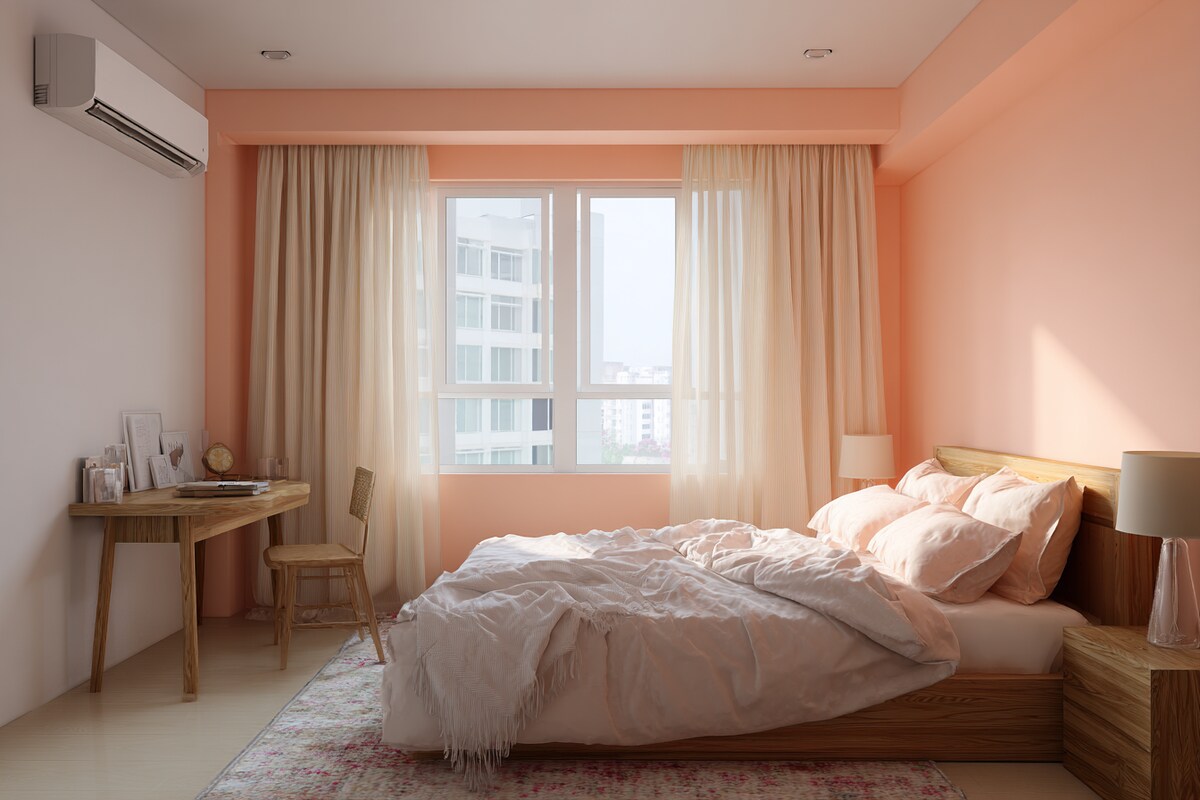 Chic White and Peach Wall Colour Combination for Bedroom with Wooden Desk and Linen Curtains
