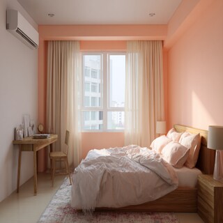 Chic White and Peach Wall Colour Combination for Bedroom with Wooden Desk and Linen Curtains