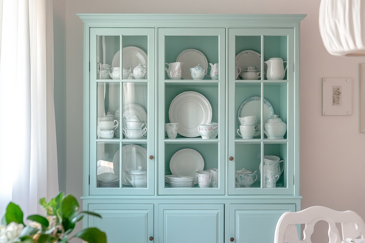 Classic Aqua Blue Crockery Unit Design with Glass Display Doors