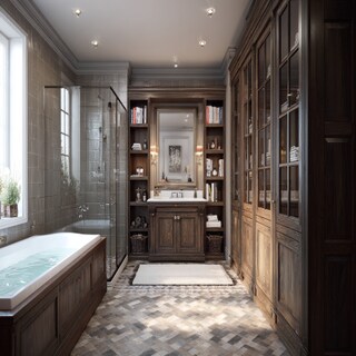 Classic Bathroom Design With Brown Tiles And Closed Storage