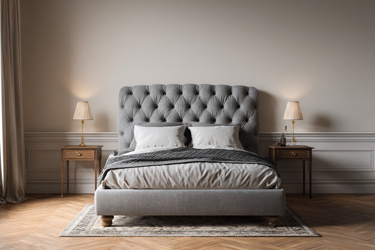 Classic Bedroom Design With A Grey Upholstered Double Bed Classic Bedroom Design With A Grey Upholstered Double Bed
